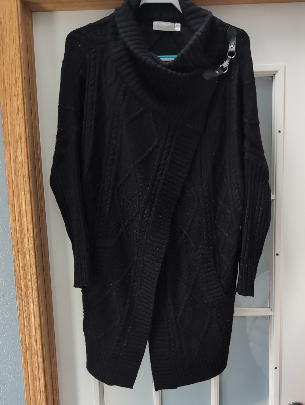 RD Style Black Cable Knit Shawl-Collar Cardigan with Buckle Accent